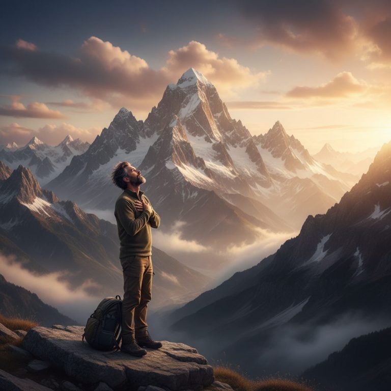 A person standing in awe before a majestic mountain range, illustrating the biblical concept of fearing of god as profound...