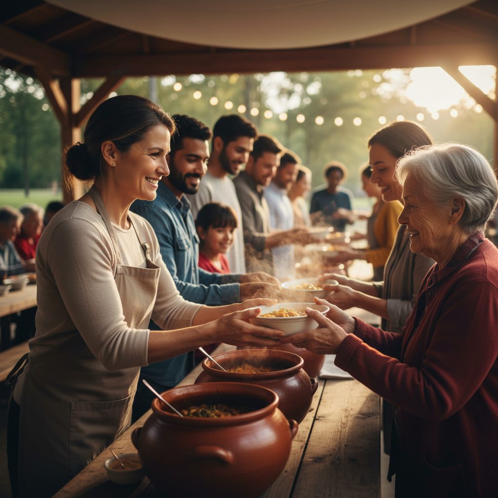 A person joyfully serving food to others, demonstrating what is a good life according to Jesus through compassion and serv...