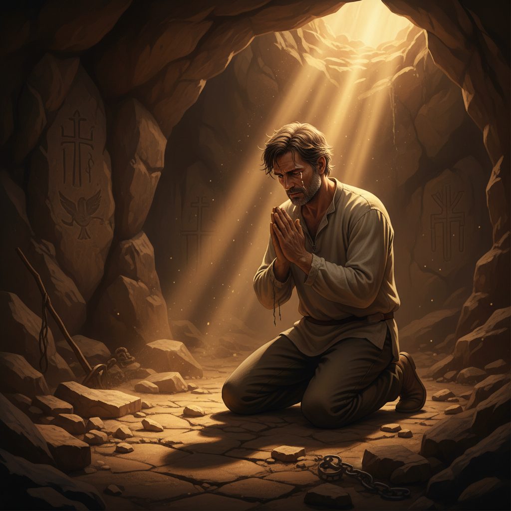 Finding God’s Presence at Your Breaking Point A man at his breaking point, looking toward a light, which illustrates the nervous breakdown christian perspective and hop...