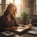 A thoughtful woman and bible, engaged in a personal morning devotion and study, which is a key part of her spiritual journey.