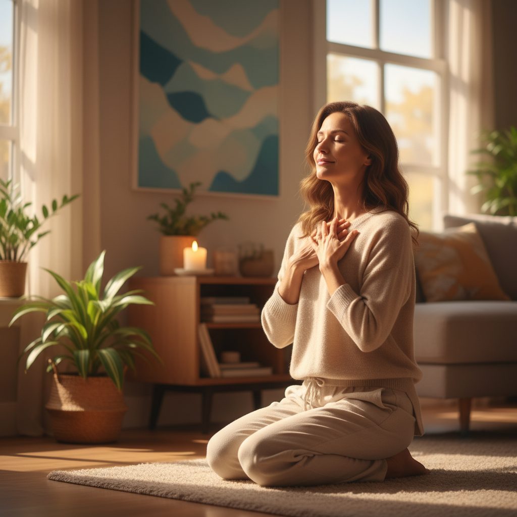 Woman finding a quiet moment for a prayer for anxiety and stress relief today, looking peaceful and calm.