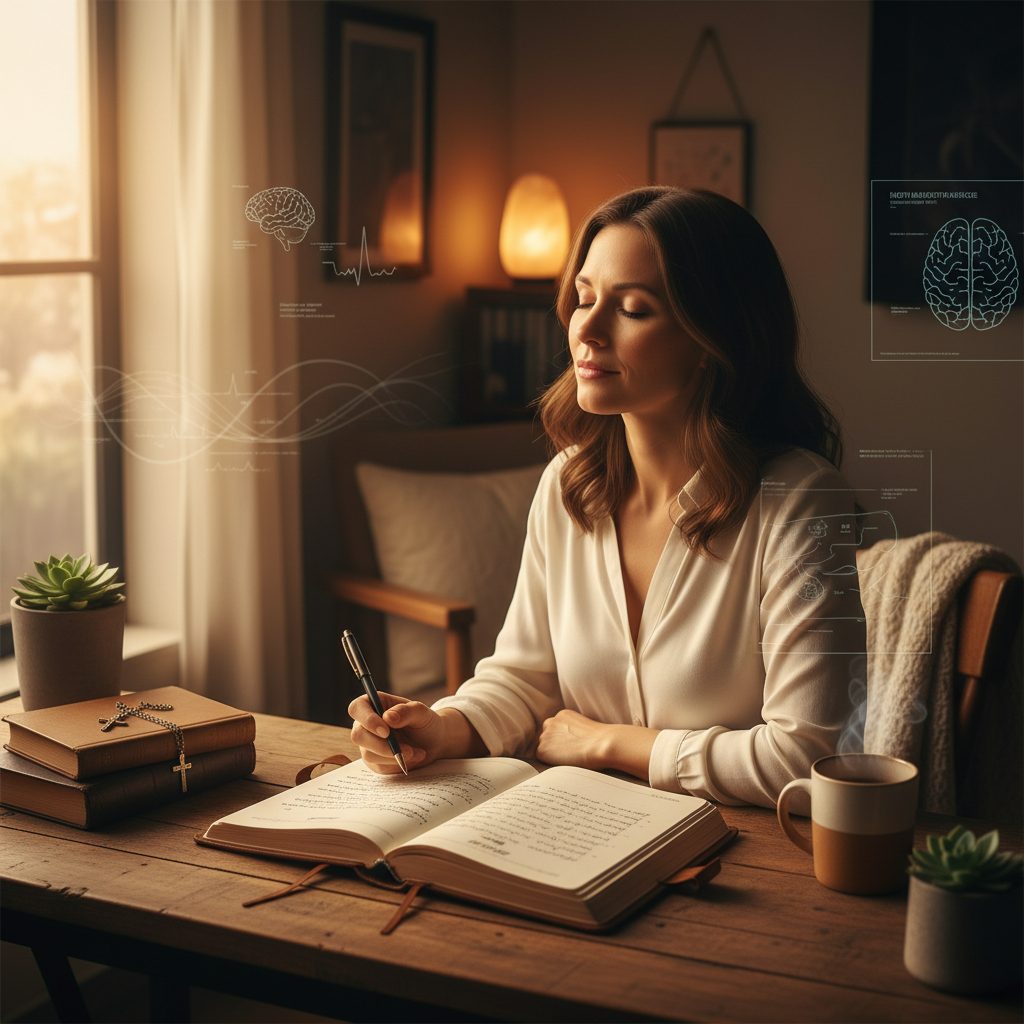 Using Mindfulness Journaling to Renew Your Mind and Stop Overthinking A woman learning how to stop overthinking with mindfulness journaling, finding peace by renewing her mind through her writ...