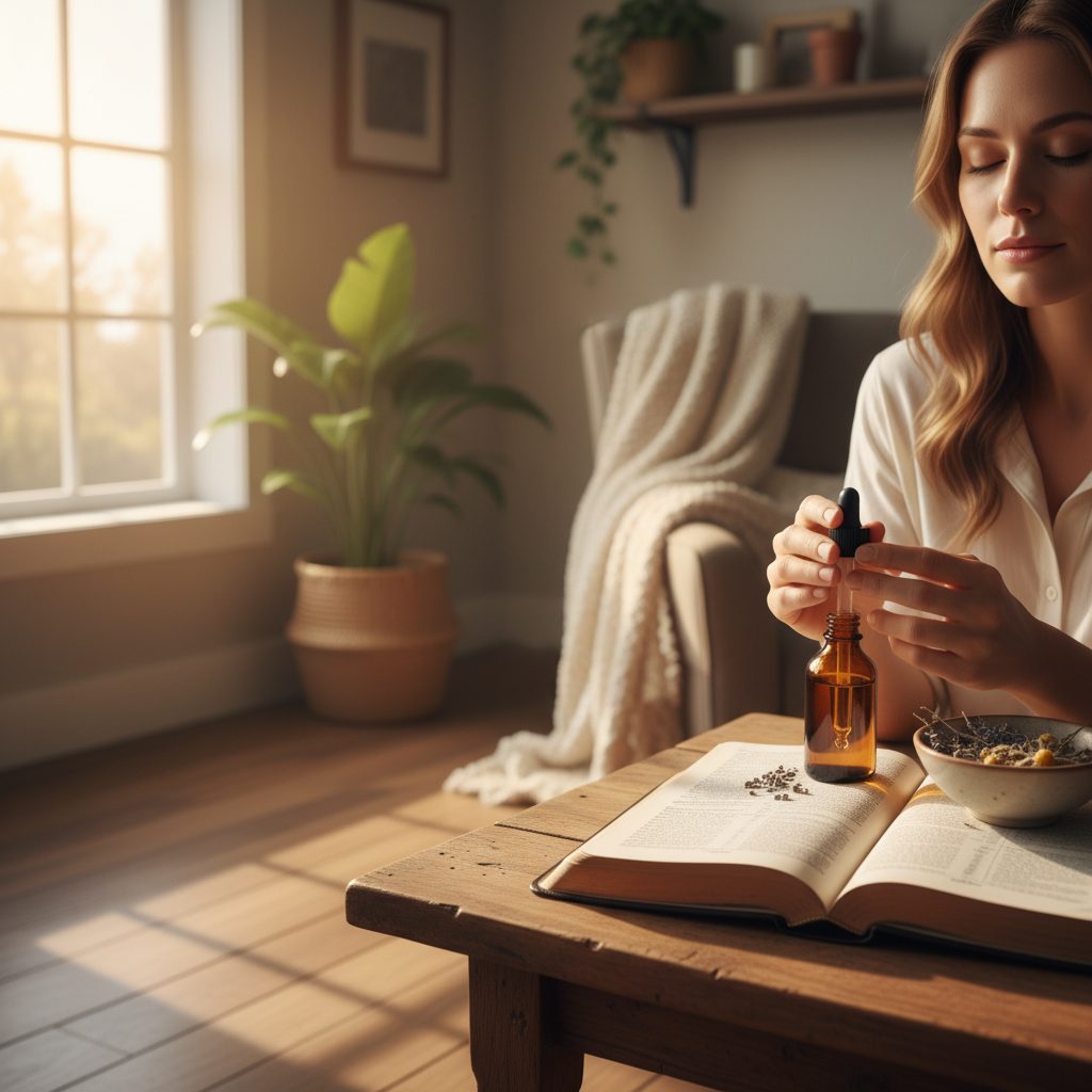 A woman using natural remedies for anxiety that work fast by engaging in meditative Scripture in a peaceful, sunlit room.