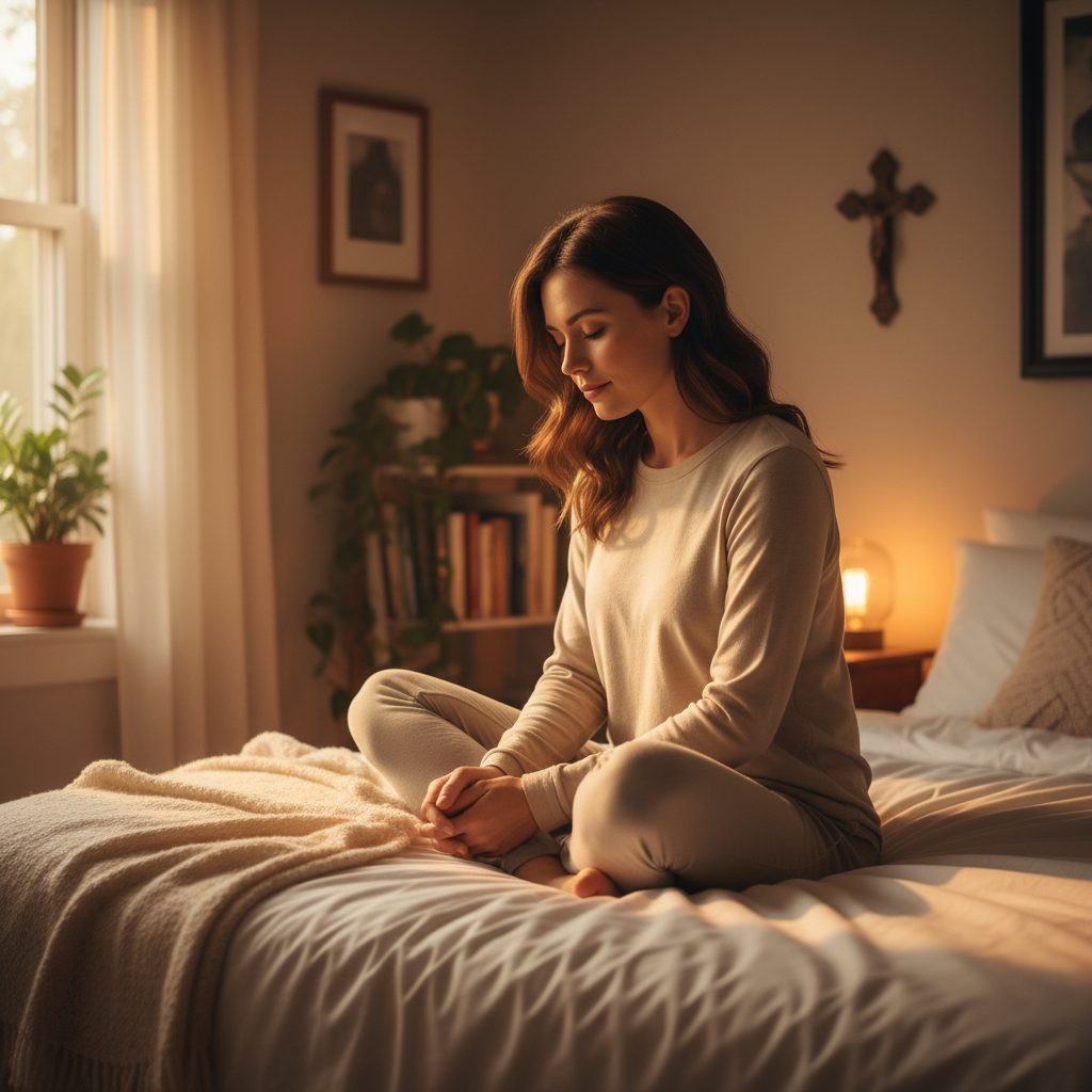 A woman sitting on her bed, finding comfort and peace by offering a prayer when youre anxious.