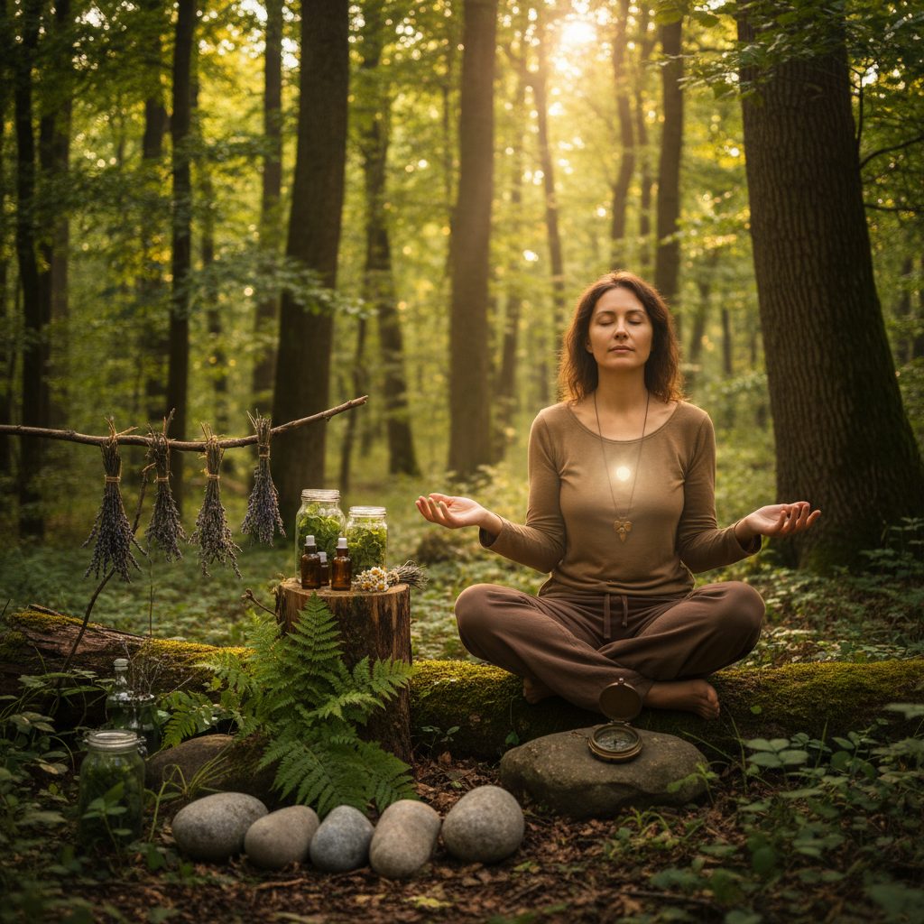 A woman in a peaceful forest demonstrating natural remedies for anxiety that work fast with the 5-4-3-2-1 grounding exercise.