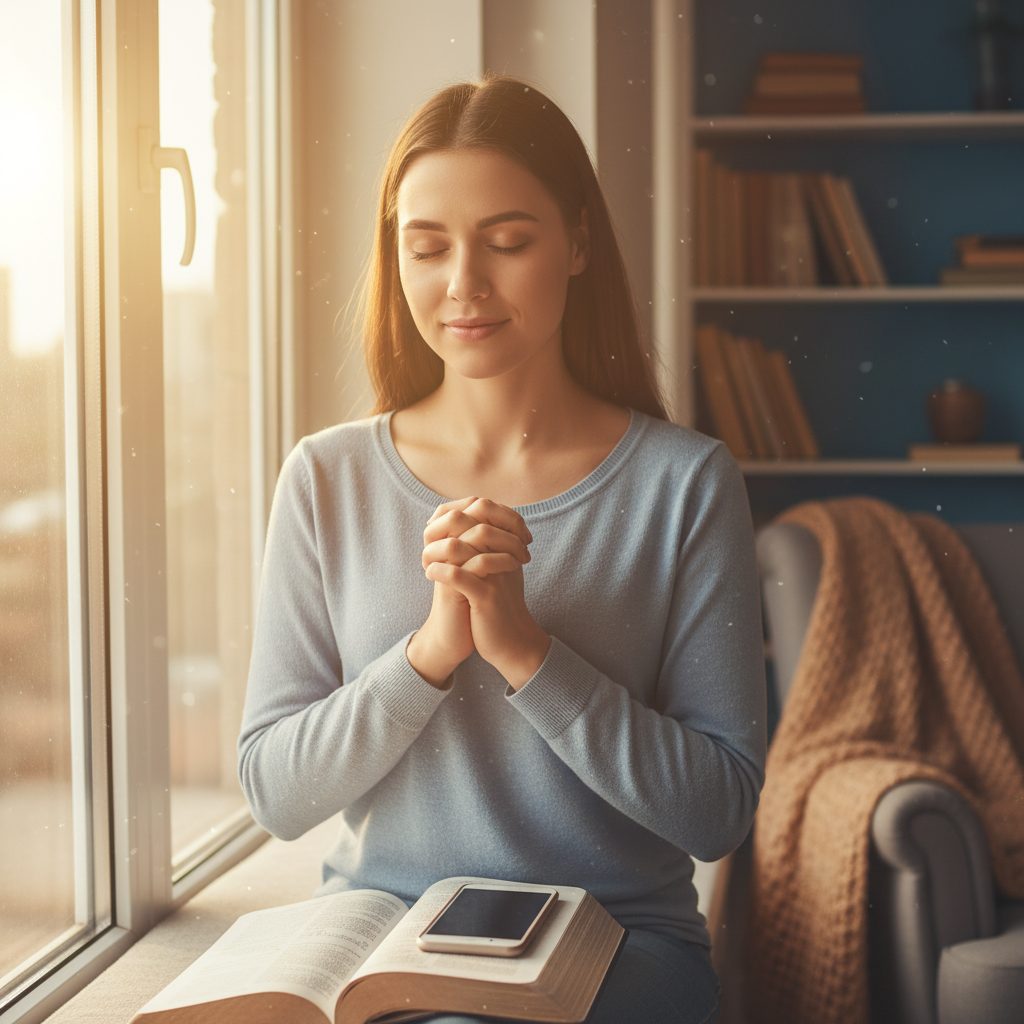 A Christian woman demonstrates how to stop overthinking every text message by turning to prayer, finding spiritual peace i...
