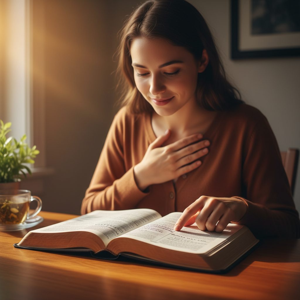 Woman reading a specific anxiety verse in her Bible, finding spiritual comfort and peace from scripture on worry.