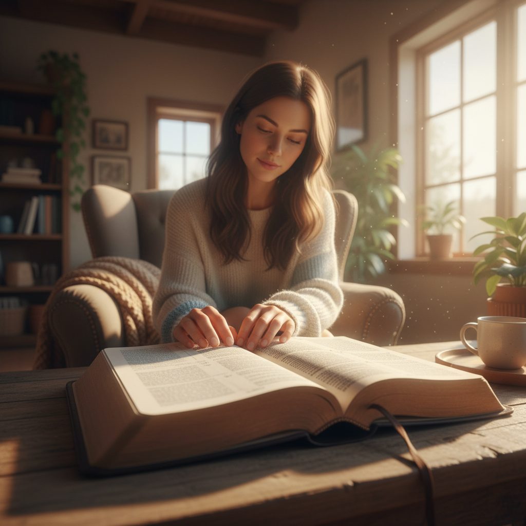 A woman finds peace while reading anxious bible verses in a sunlit, quiet room.