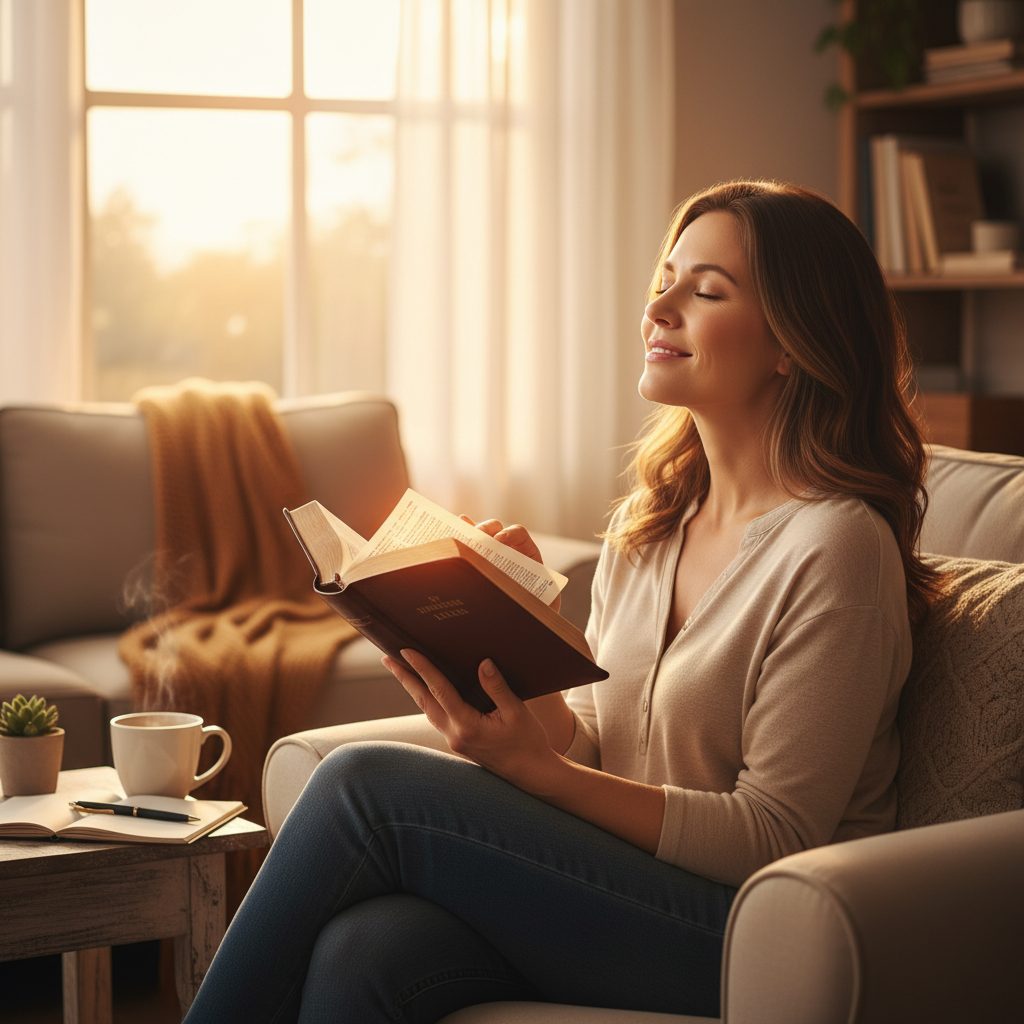 bibles verses for anxiety - A woman finds peace by reading bible verses for anxiety in her open Bible, sitting in a calm, sun