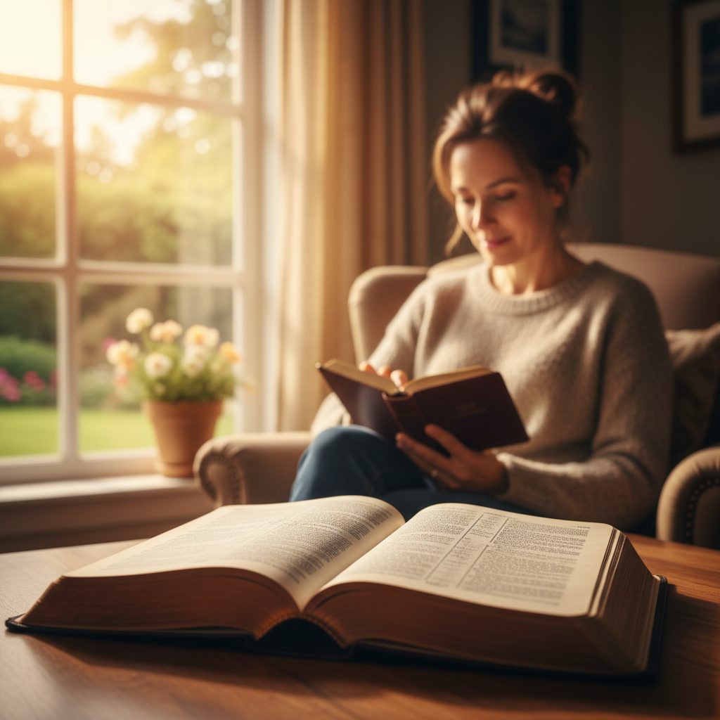 A thoughtful woman sitting by a window, reading bibles verses for anxiety from her Bible to find comfort about the future.