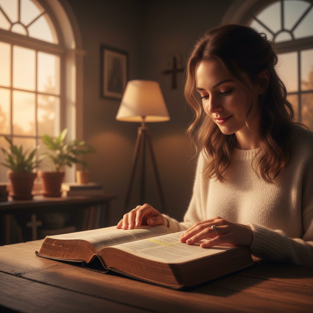 A woman finds comfort from anxiety and bible verses while reading her Bible in a peacefully lit room.