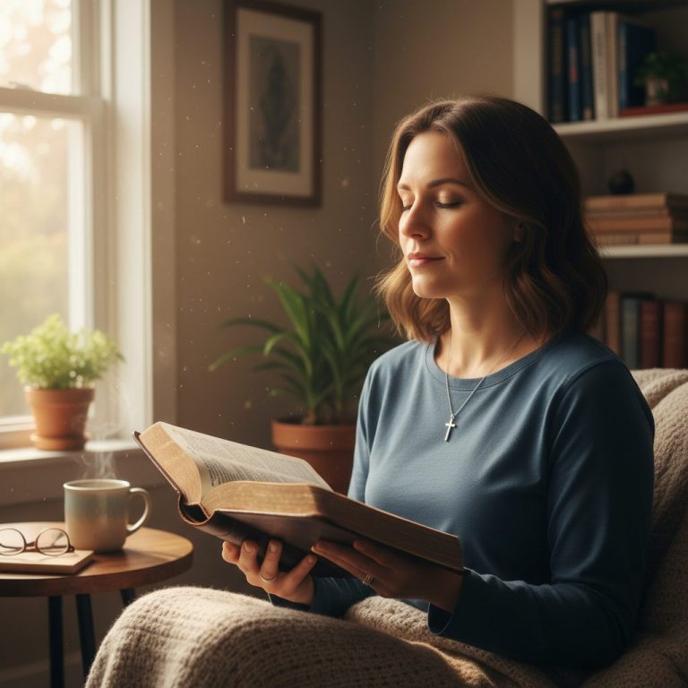 A woman finds peace and comfort from worry by reading nervousness bible verses from her Bible in a sunlit, quiet room.