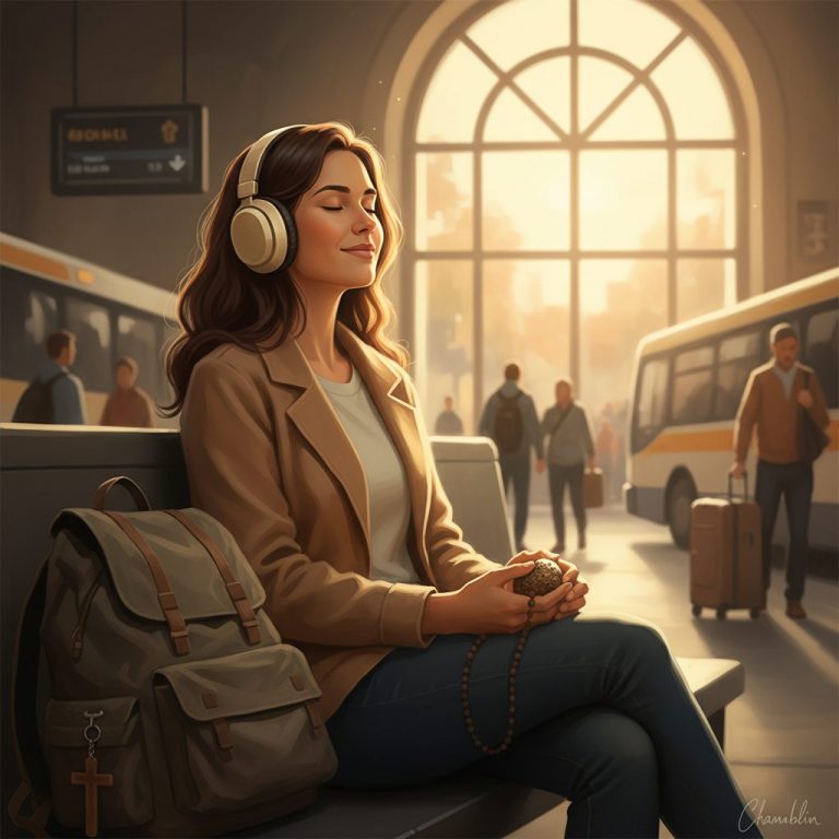 A Christian traveler peacefully uses sensory overload calming tools for travel, like noise-canceling headphones, in a bust...