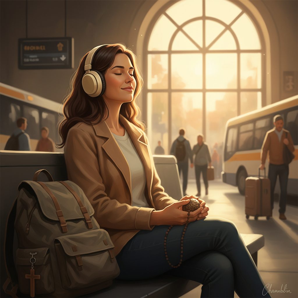 A Christian traveler peacefully uses sensory overload calming tools for travel, like noise-canceling headphones, in a bust...
