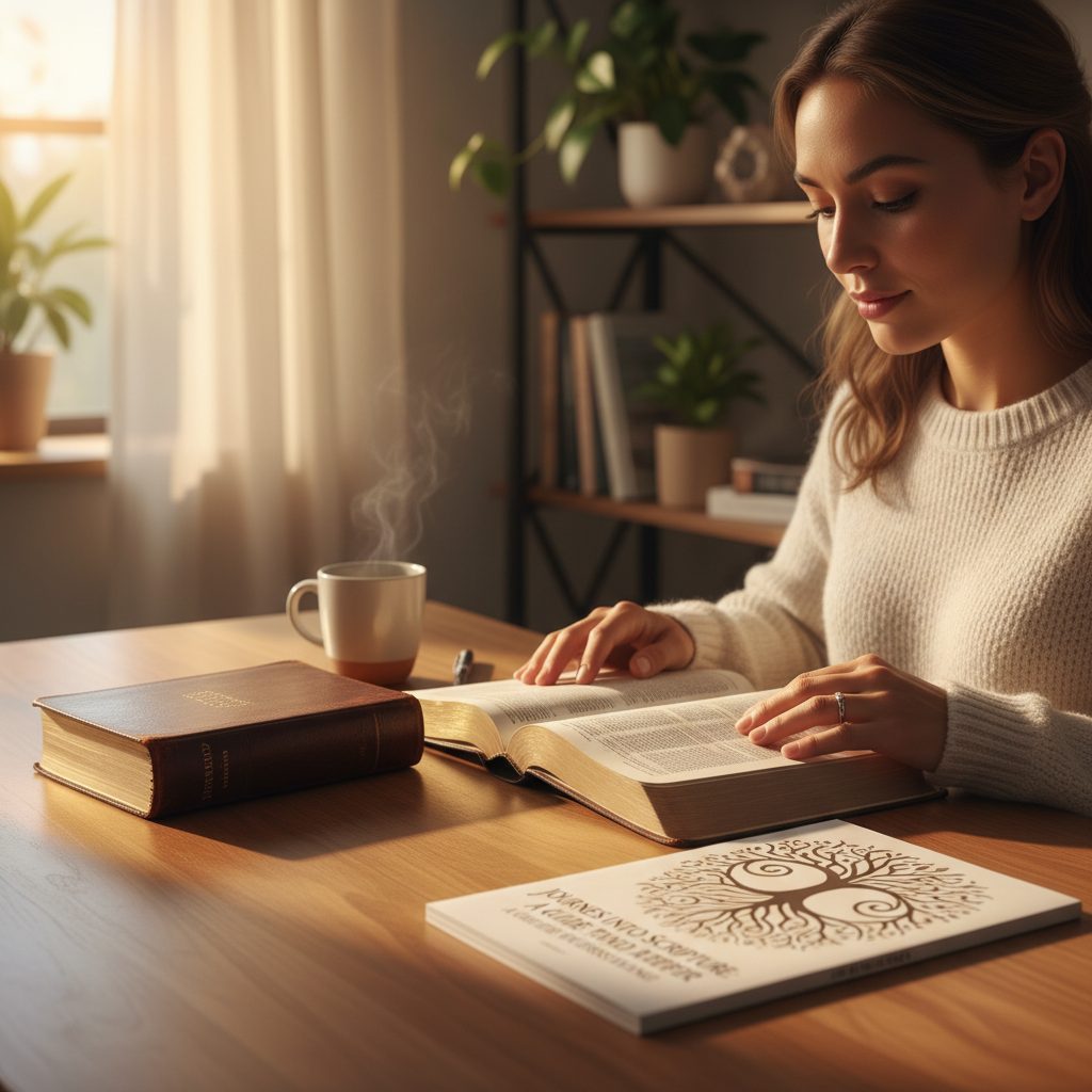 Your Journey Into Deeper Scripture Study Starts Here A woman opens a study guide for bible study at a table with her open Bible, ready to begin her journey into deeper scriptu...