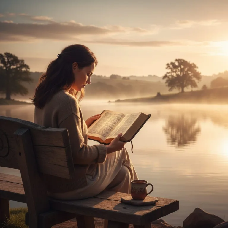 Woman sitting by a peaceful lake at sunrise, finding comfort by reading anxiety and fear bible verses in her Bible.