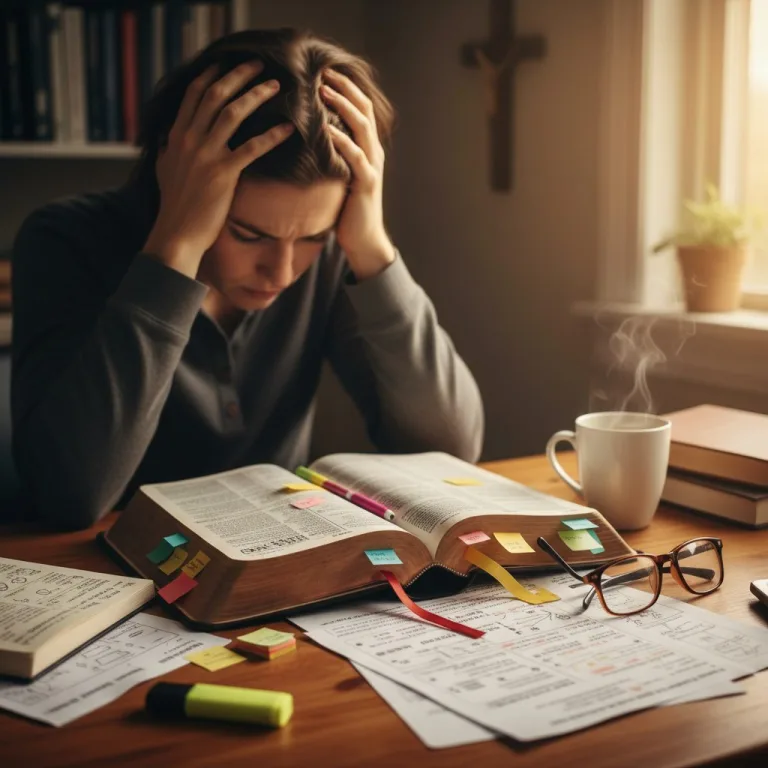 A person feeling overwhelmed by learning 'bible study how to' while looking at an open Bible and many study notes.