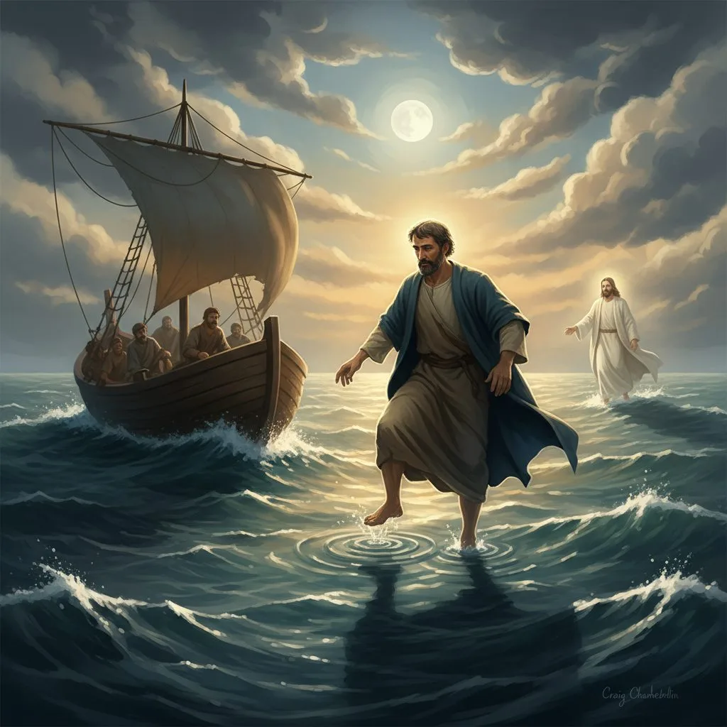 Biblical illustration answering 'faith what is faith' by showing the Apostle Peter stepping out of a boat to walk on water...