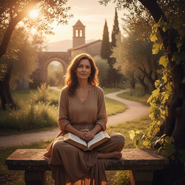 A serene Christian woman embracing biblical principles, finding inner peace and demonstrating how to live with intention a...