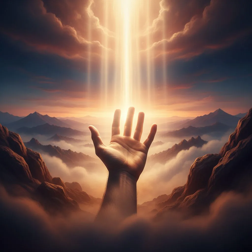 A depiction of core christianity beliefs showing a hand reaching for divine light, symbolizing humanity's separation from ...
