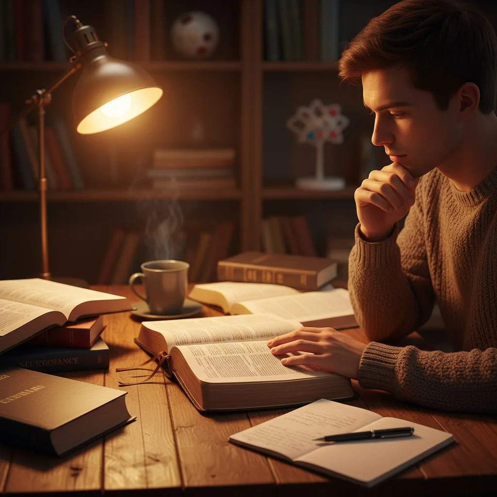 A studious person at a wooden desk with an open Bible, illustrating that faith as defined in the bible is a conviction, no...