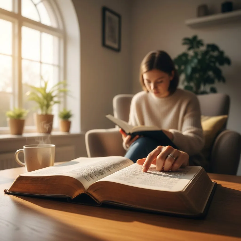 Finding Immediate Comfort with Powerful Anxiety and Fear Bible Verses A person sits in a peaceful, sunlit room, finding comfort by reading anxiety and fear bible verses in their open Bible.