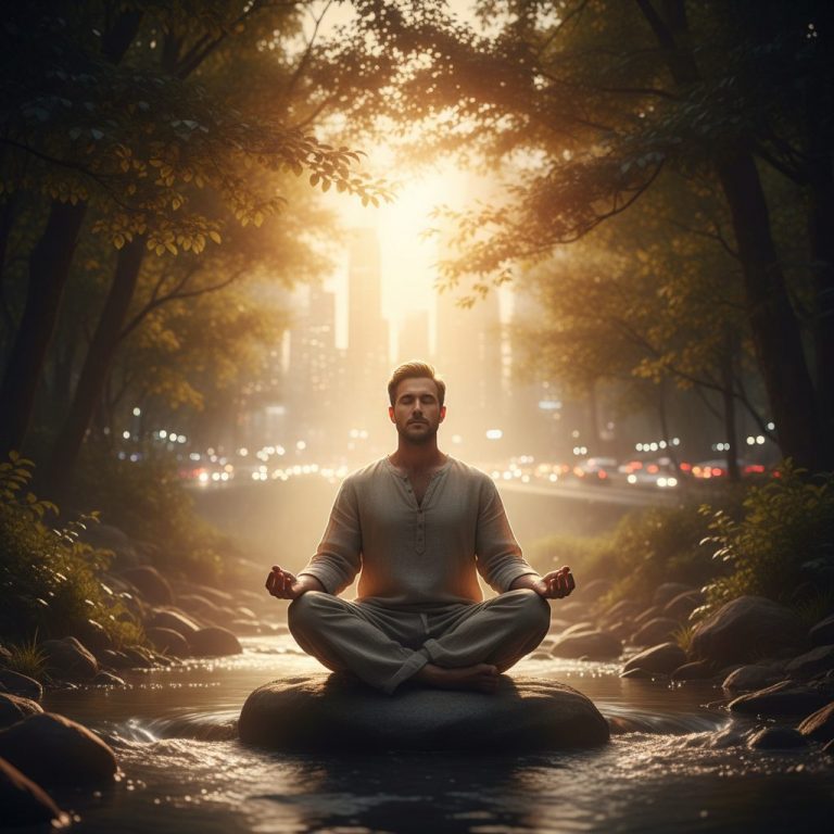 A person meditating calmly in a serene natural setting, embodying how to live a quiet life in a loud world despite modern ...