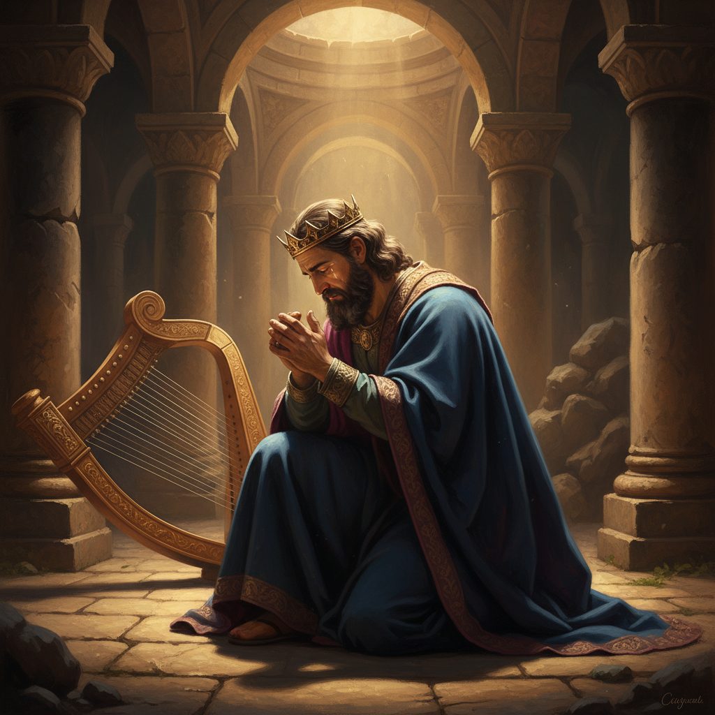 A Biblical Model for Prayer: King David's Repentance King David kneeling in repentance, a powerful biblical example of prayer in the bible from the book of Psalms.