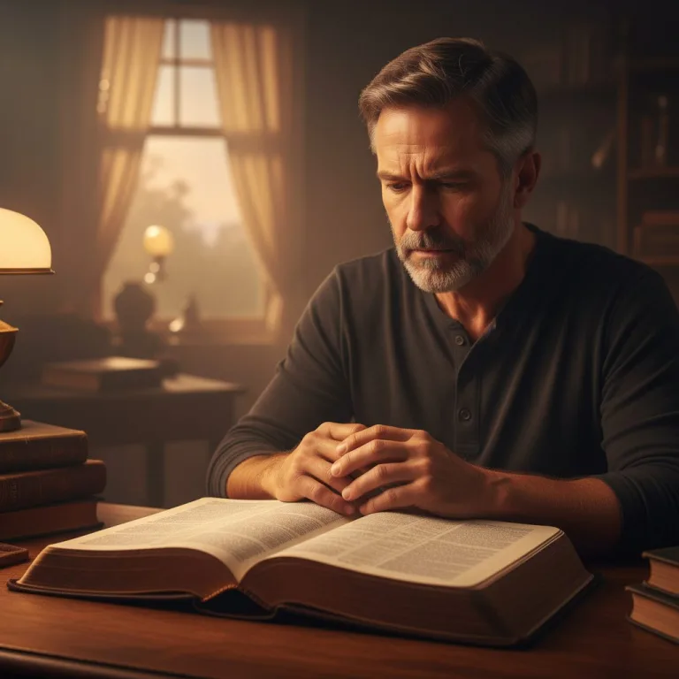 A thoughtful man sits in a dimly lit room, looking concerned while reading his Bible, contemplating seemingly fearful bibl...