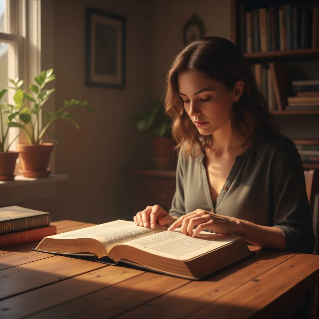 A woman finds peace by reading anxiety fear bible verses that connect the mind, body, and spirit.
