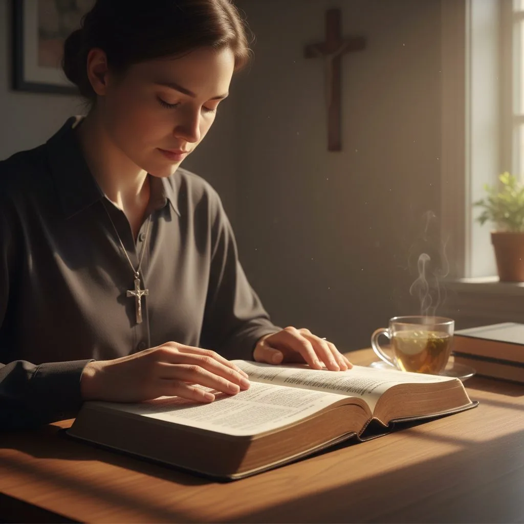 A person preparing for prayer christian style, sitting in a quiet room with an open Bible, readying their heart and mind f...