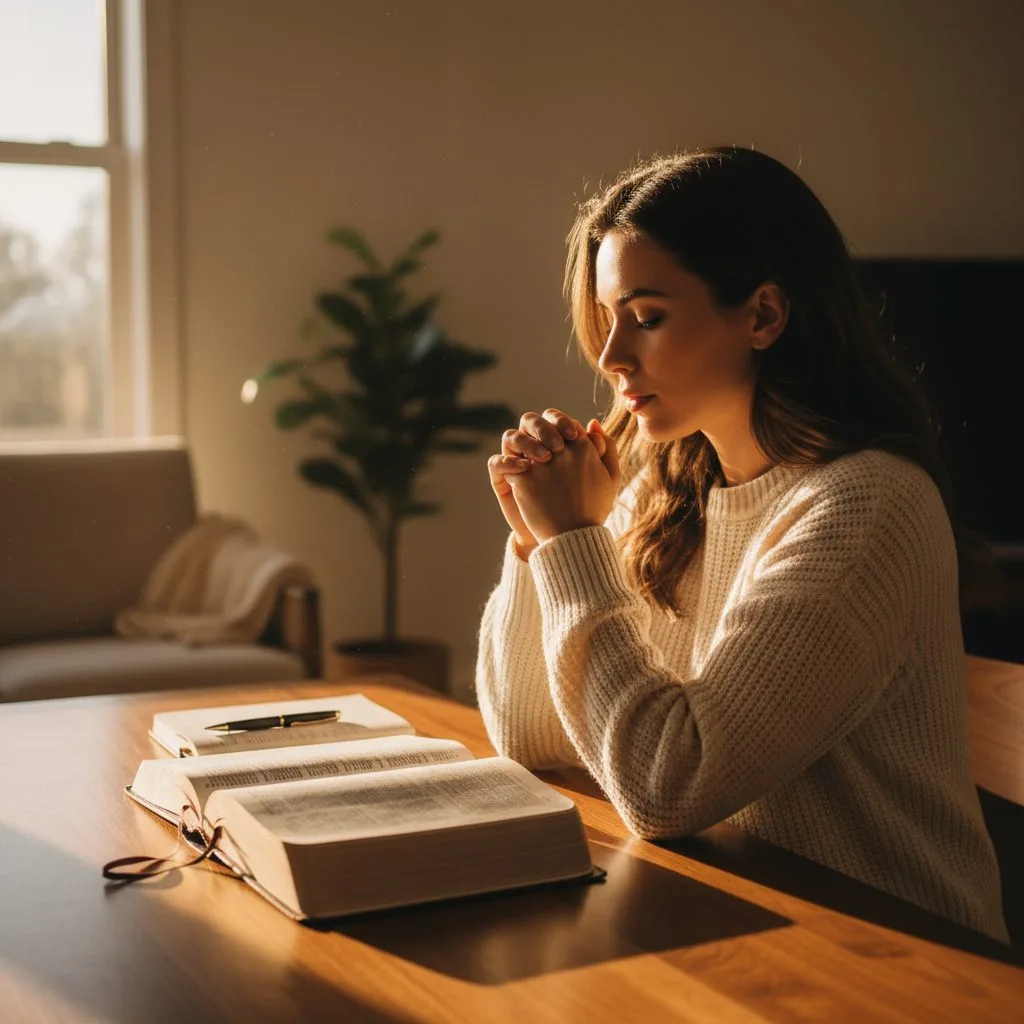 A prayerful christian woman establishing a consistent prayer rhythm by reading her Bible and journaling in the morning sun.