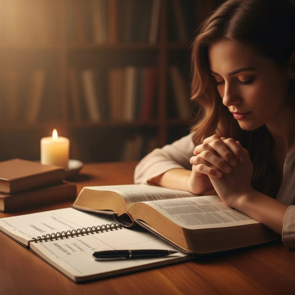 Woman engaged in praying with bible, using a journal and pen to follow a simple four-step scripture prayer method.