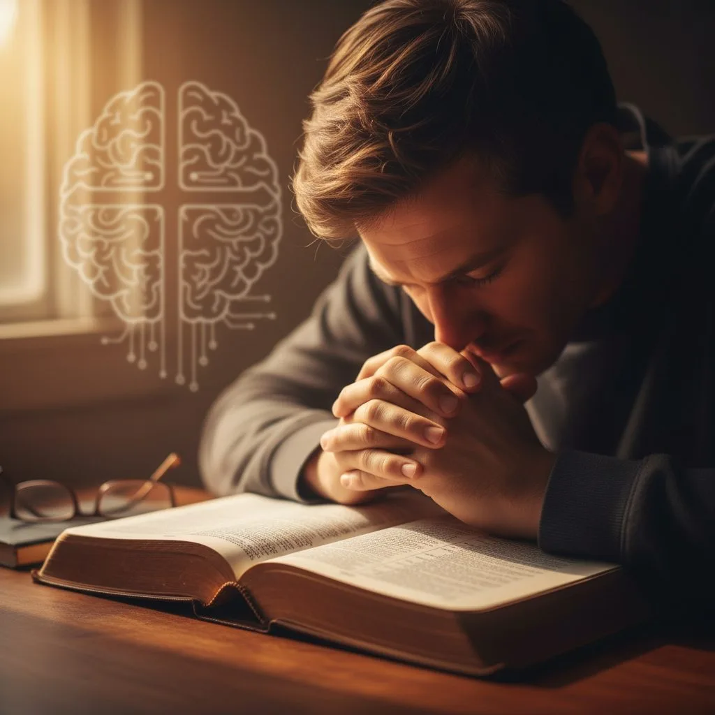 A thoughtful person engaged in prayer christian study with an open Bible, learning the purpose of faith-based communication.