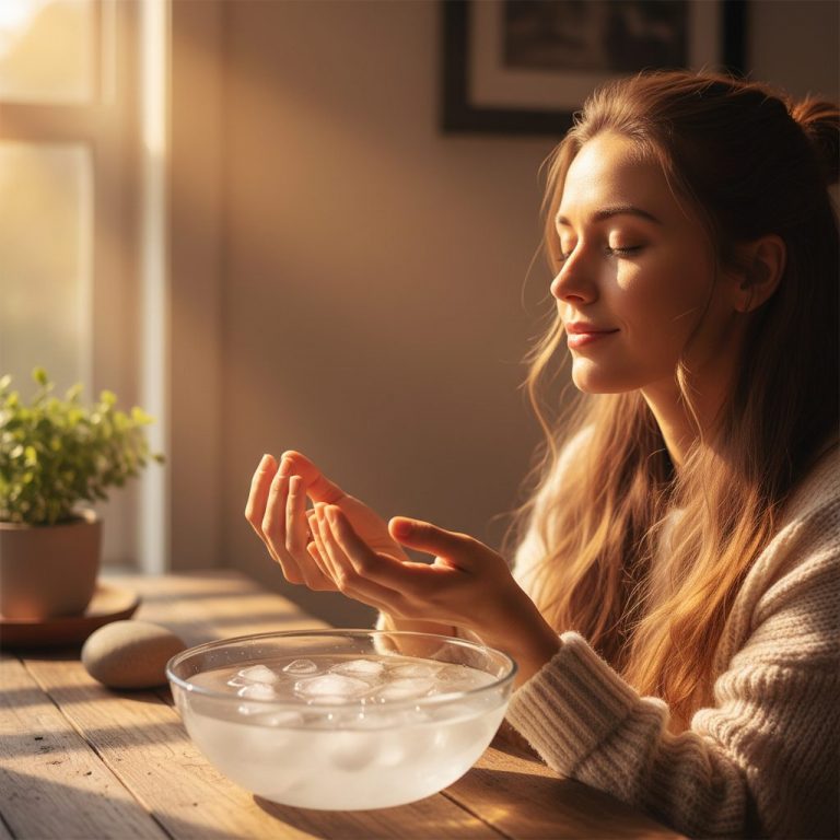 A serene woman finds peace while learning to regulate your nervous system using cold exposure by dipping her hands into a ...