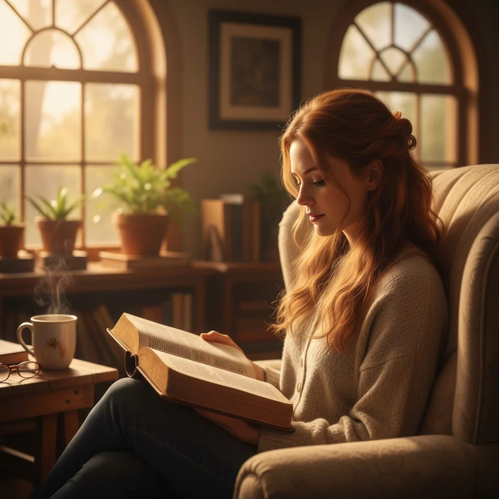 A woman sits in a comfortable chair, finding solace and hope by reading what the bible on anxiety and fear says about God'...