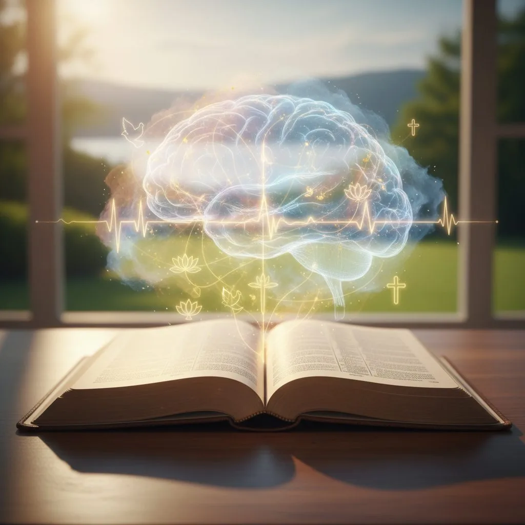 Conceptual image showing how having the bible on the mind can calm anxious thoughts from a theological and neurological pe...