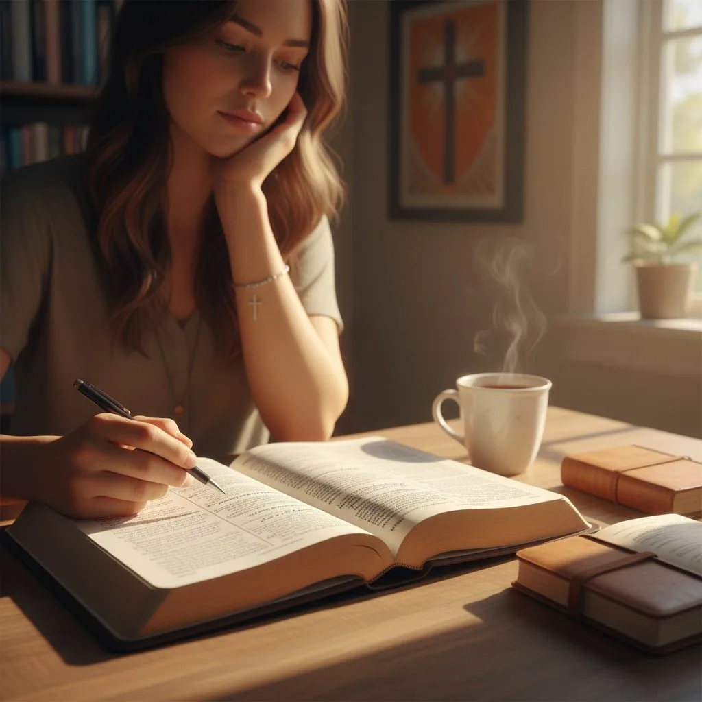 A woman peacefully studying the Bible to understand her identity in Christ scripture and her inherent value as a child of ...