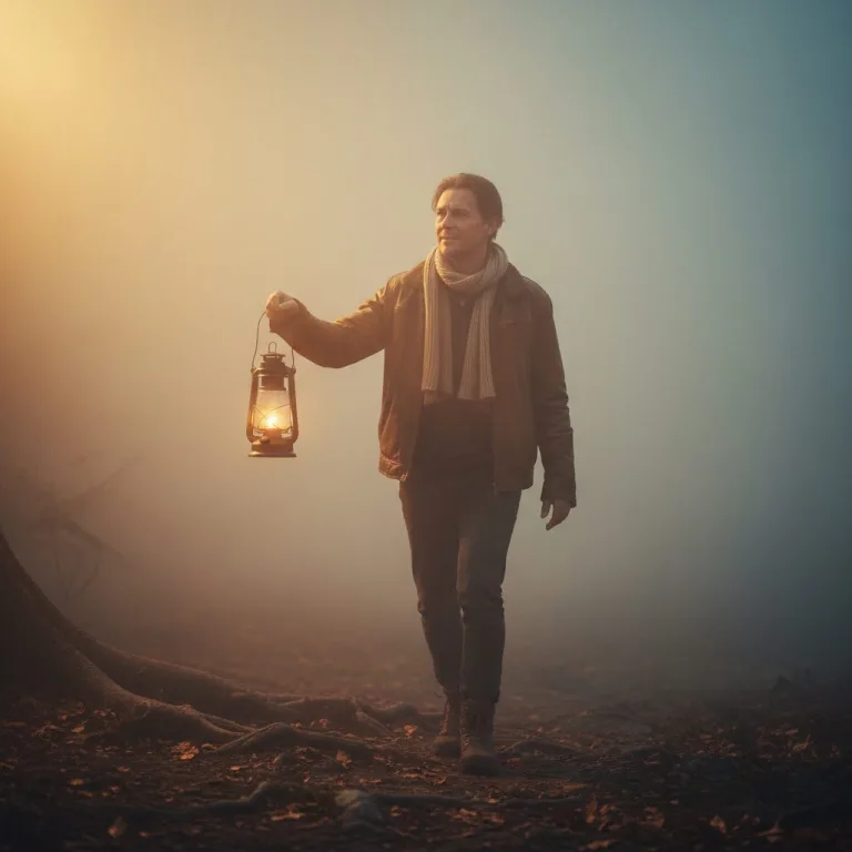 A person navigating through a dense fog, symbolizing the struggle and confusion of a doubting christian faith seeking clar...