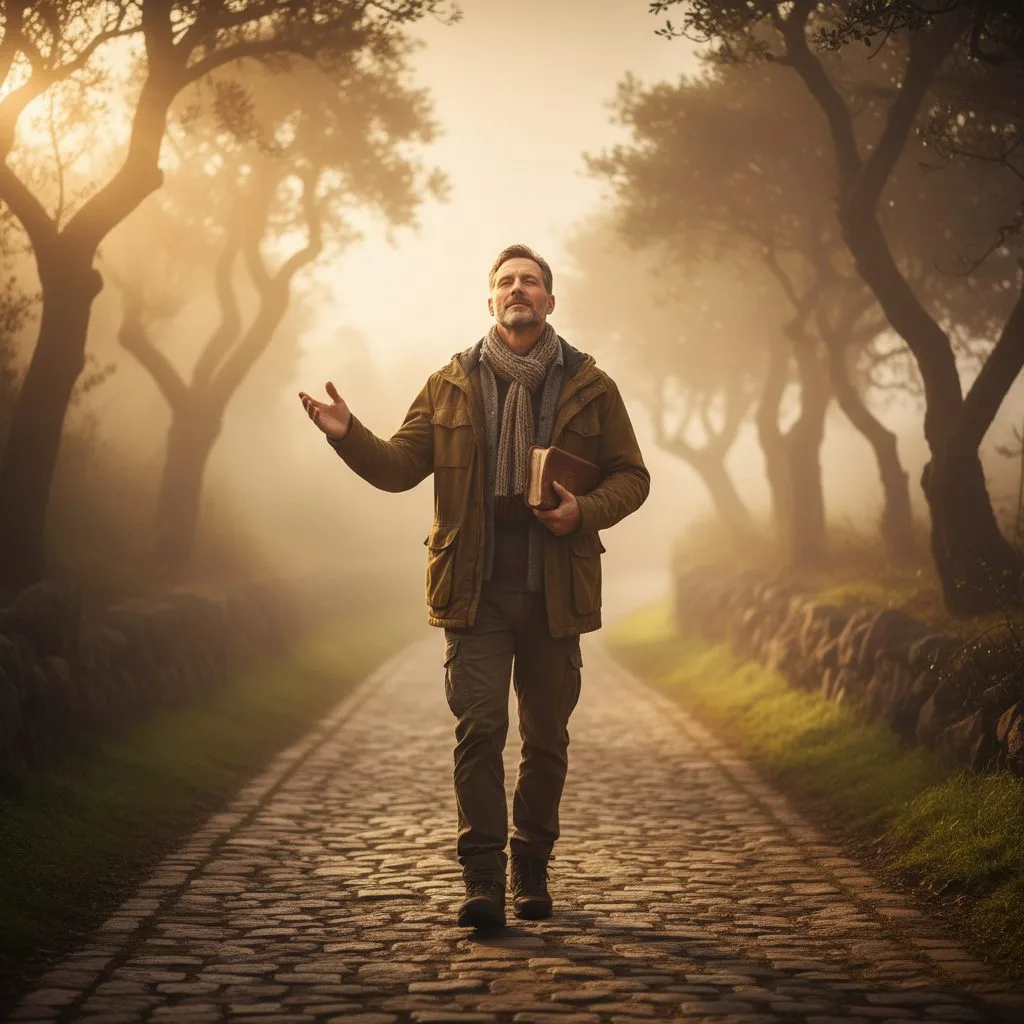 A person demonstrating christian faith by walking on a foggy path, trusting God through the uncertainty of the journey.