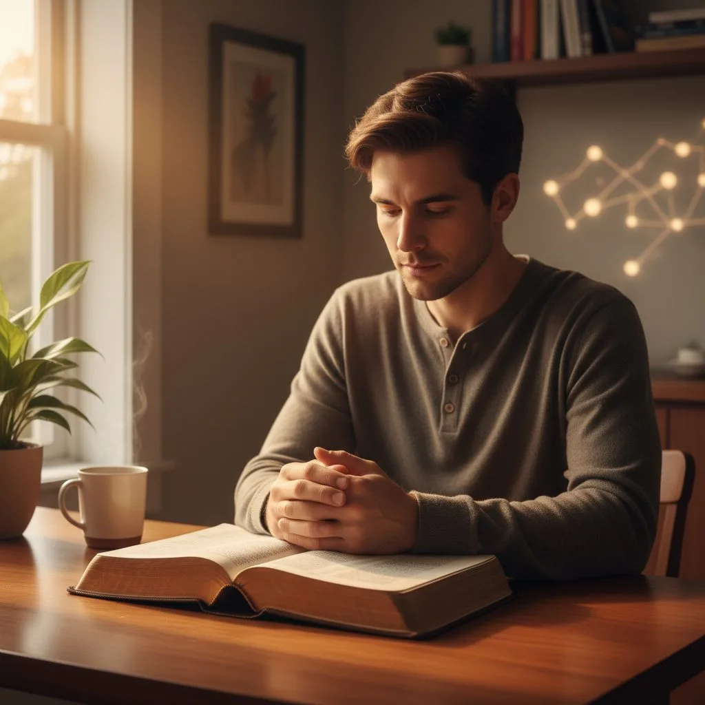 Engaging With Scripture Daily to Build Biblical Belief A person sitting at a table, engaging with scripture daily to build their faith in the bible.