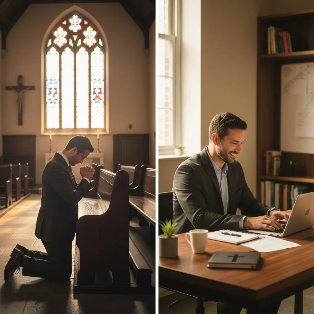 A man is shown putting his faith into action, transitioning from praying in a church pew on Sunday to his office desk on M...