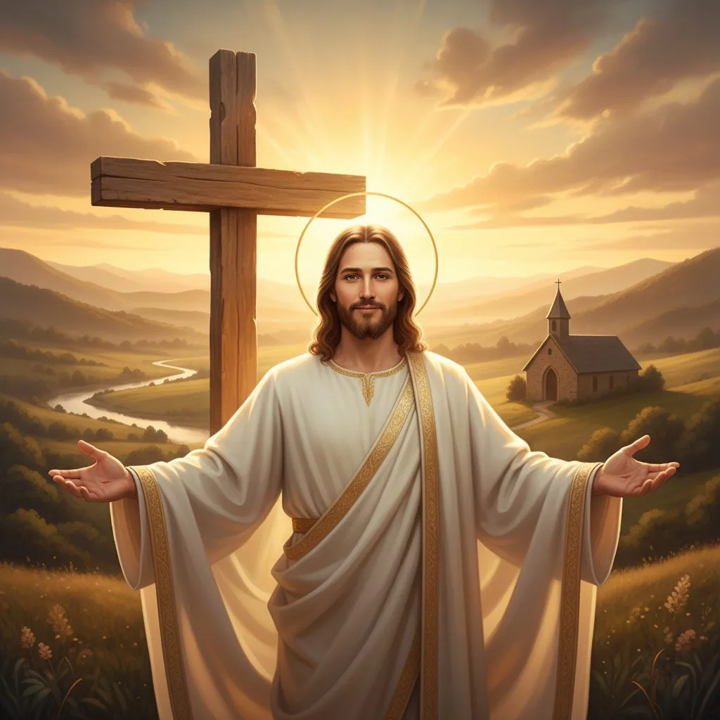 A welcoming Christianity picture of Jesus Christ with open arms, illustrating his central role as the Son of God in Christ...
