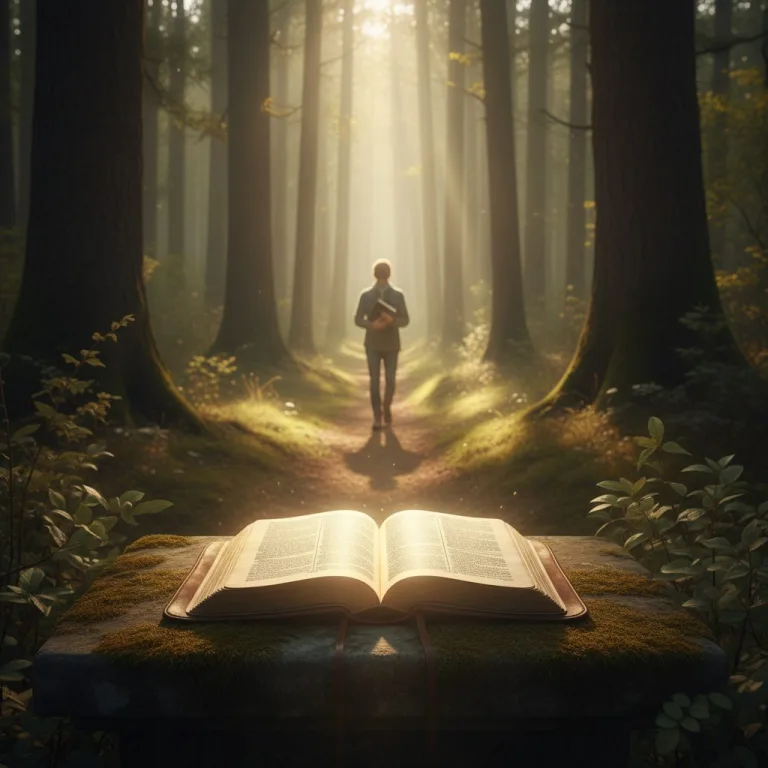 A person begins their spiritual journey, holding a book and walking a path to build their unshakeable faith in the Bible.