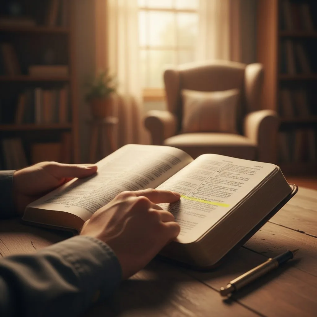 A person with an open Bible, highlighting a verse to illustrate the personal study involved in living by scripture by faith.