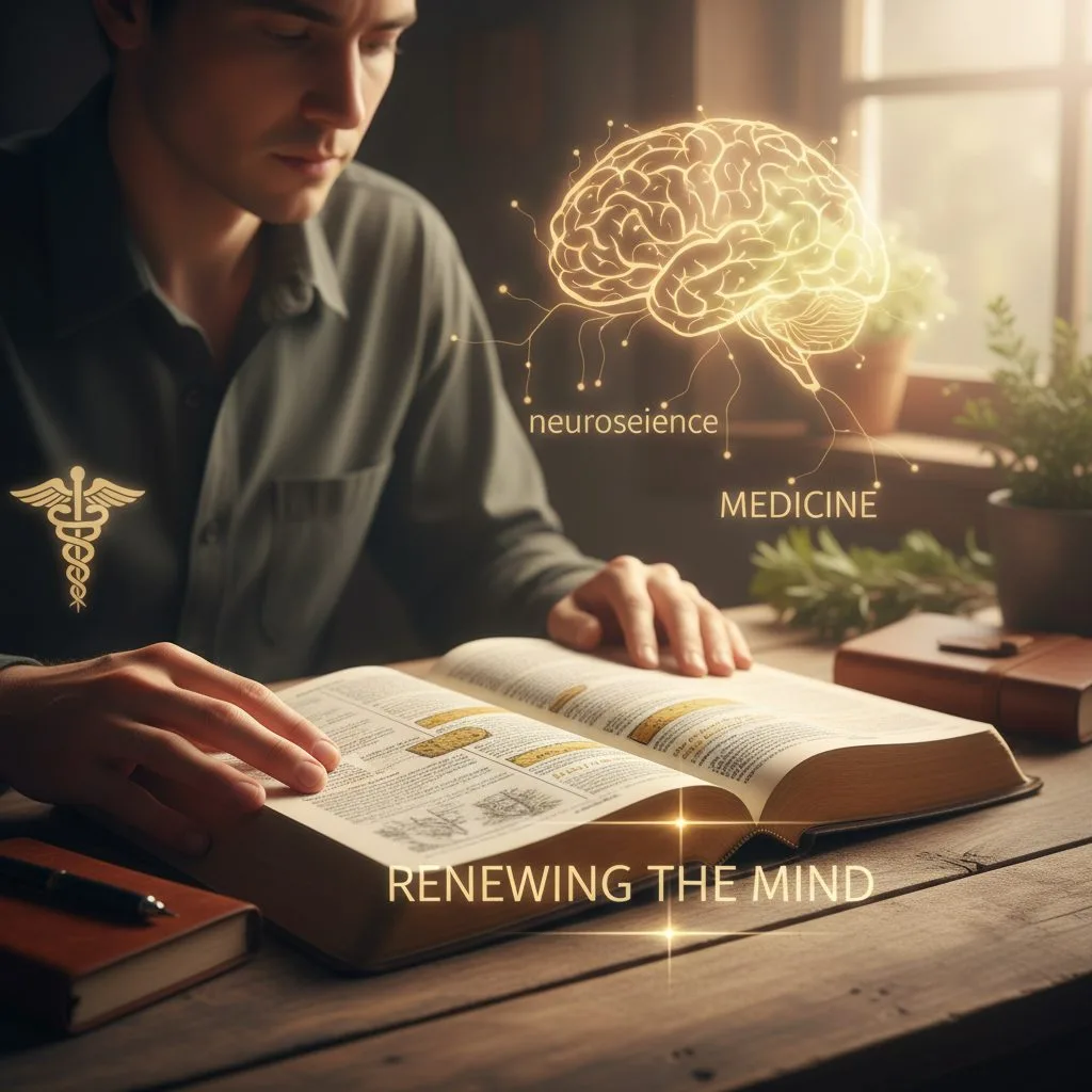 A thoughtful person studying an open Bible, using it as a mind bible to cultivate a biblical mindset through the renewing ...