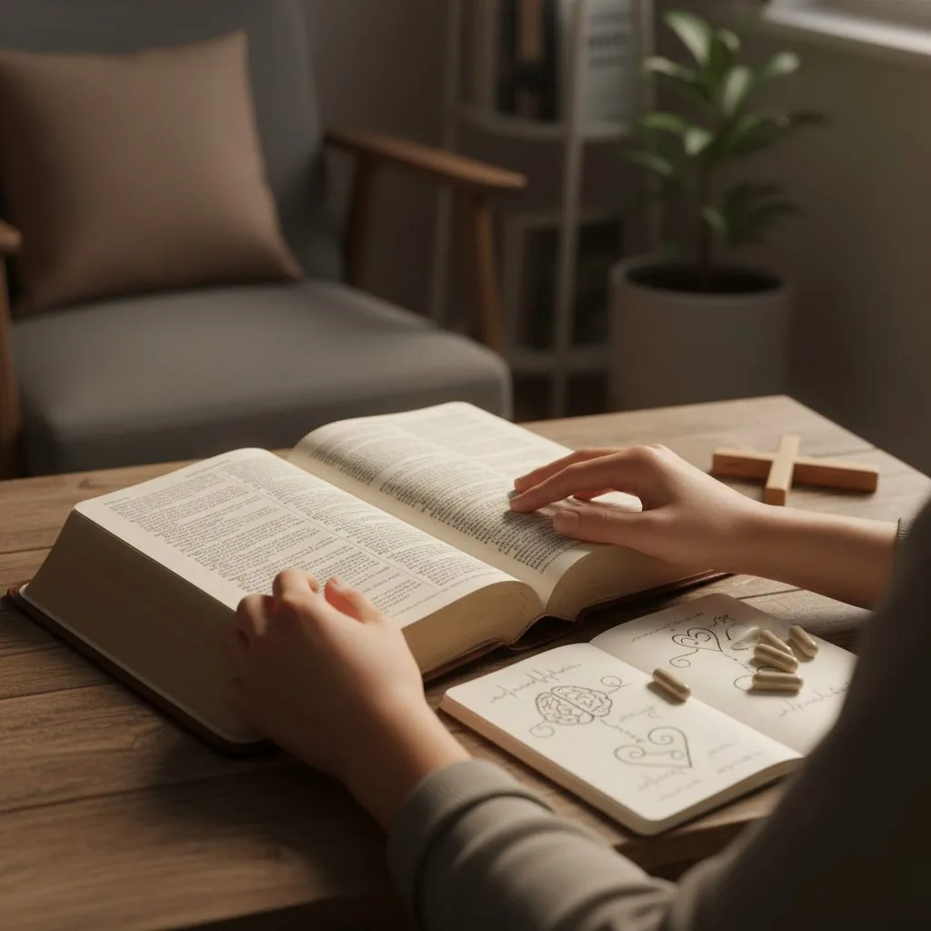 A person finding comfort by reading scripture on anxiety and fear from an open Bible in a quiet, serene setting.
