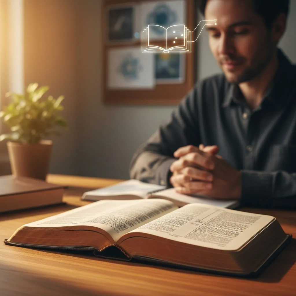 A thoughtful person with their bible on the mind, studying scripture to renew their Christian thought life.