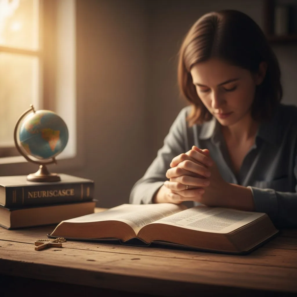 A Woman’s Prayer for Deeper Understanding of Faith in the Bible A woman with hands clasped in prayer over an open Bible, seeking to deepen her faith in the bible through scripture.