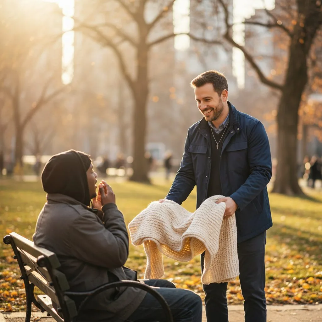 A Christian demonstrating what it means to put faith into action by offering a warm blanket to a homeless person on a city...